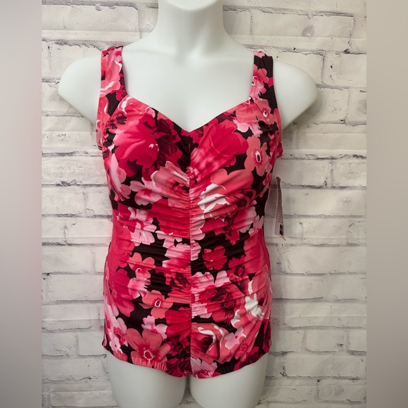 Le‎ Cove Plus Size 16W Pink Brown Floral Slimming One Peice Swimsuit New - Picture 1 of 10